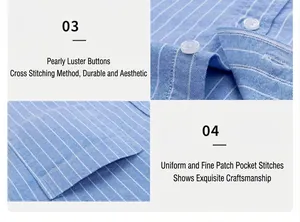 Vue détaillée des boutons nacrés et de la poche plaquée sur la chemise Oxford rayée