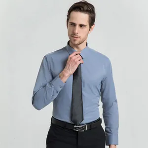 Professional men's blue long-sleeved business dress shirt for formal office wear.