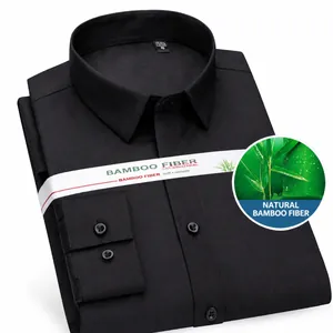 Premium men's slim fit long sleeve bamboo fiber shirt, non-ironing black dress shirt