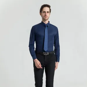 Premium men's dark blue long sleeve business formal shirt with elegant striped tie
