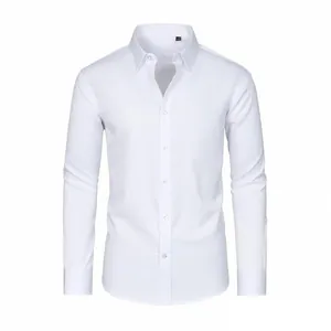 Camisa clásica blanca de calidad de manga larga para hombre elástica y sin plancha