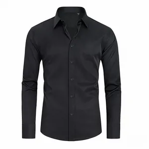 Camisa de hombre de manga larga negra elástica para estilo de negocios y ocio