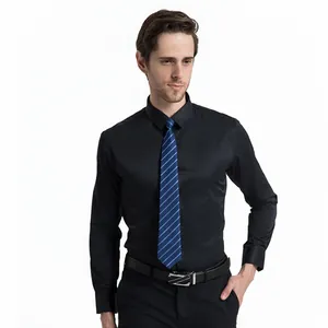 Premium men's black long-sleeved formal business shirt paired with blue striped tie