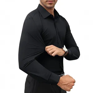 Camisa negra casual de negocios para hombre con tejido elástico en cuatro direcciones