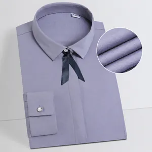 Elegant lavender bamboo fiber slim-fit business shirt for women with ribbon detail