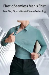 Detail showing the ultra-stretchy fabric of this mint green seamless men's shirt.