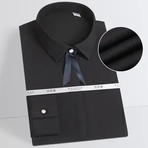 Elegant black bamboo fiber women's long sleeve business shirt with bow tie and pearl buttons