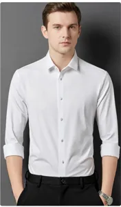 Classic white long-sleeved business casual shirt for men in high elasticity non-iron fabric