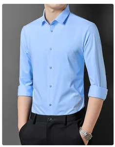 Close-up detail of a light blue long-sleeved business shirt worn by a male model