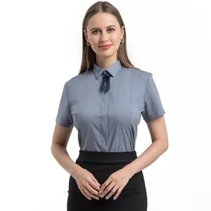 Chemise professionnelle cintrée à manches courtes pour femmes gris-bleu avec nœud