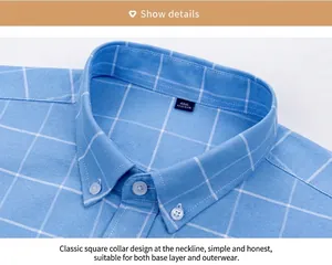 Vue détaillée d'un col de chemise Oxford à carreaux bleus en pur coton de haute qualité