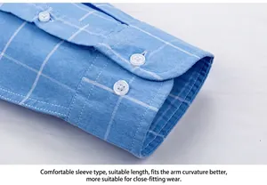 Vue détaillée du poignet d'une chemise Oxford à carreaux bleu clair avec boutons.