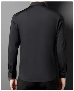 Rear view of a black slim-fit high-elasticity long-sleeve men's dress shirt for business.