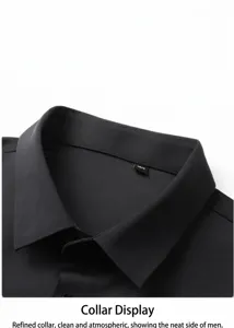 Detailed close-up view showing the neat black collar of a men's business casual shirt