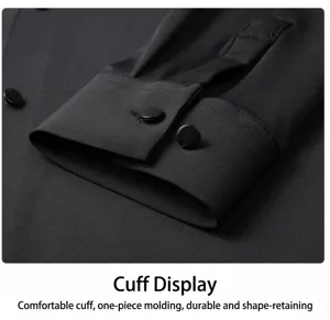 Close-up detail showing the high-elastic black shirt cuff and matching black buttons.