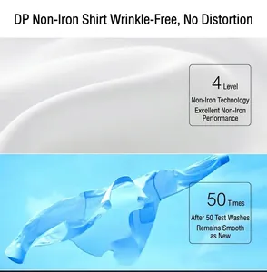 Close-up of wrinkle-free fabric and light blue non-iron shirt against a bright blue sky