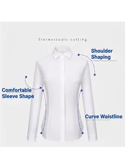 Detailed view showing the ergonomic slim fit design of a white non-iron cotton shirt for women