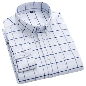 Chemise Oxford classique blanche à carreaux bleus avec col à boutons pour hommes