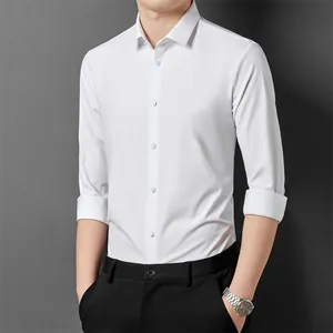 Professional white long-sleeve men's shirt in high-stretch non-iron fabric for business.