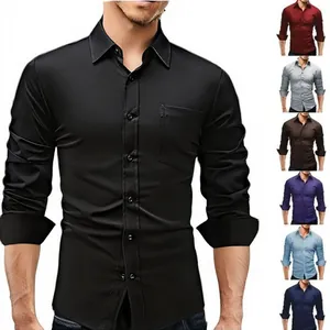 Camisa de Vestir Formal de Manga Larga para Hombre Elástica Resistente a las Arrugas Color Sólido Camisa de Oficina Casual