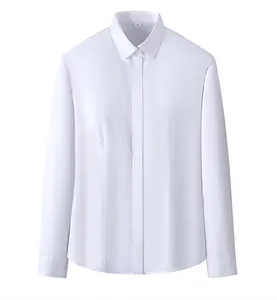 Front view of women's non-ironing 100% cotton slim fit white professional commute shirt.