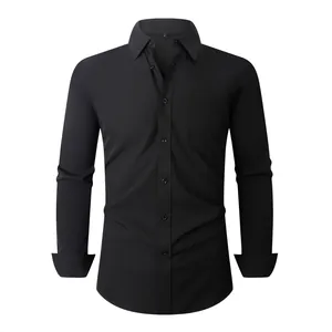 Camisa clásica negra de manga larga elástica para hombre, ideal para negocios y ocio