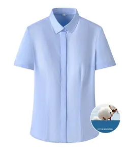 Close-up of a women's light blue short-sleeve non-iron cotton shirt with a slim fit.