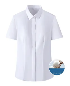 Close-up front view of women's slim-fit white non-iron pure cotton business blouse