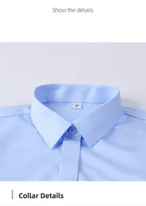 Close-up detail showing the sharp point collar of a blue non-iron cotton shirt.