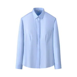 Professional slim-fit light blue non-iron cotton shirt for women's office wear