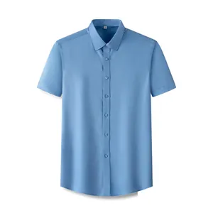Camisa de negocios para hombre de manga corta azul claro en algodón sin plancha profesional