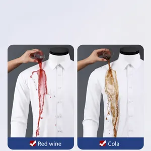 Men's non-iron water-resistant white dress shirt showing stain repellent test with wine
