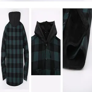 Vues détaillées d'une chemise à capuche en flanelle à carreaux verts pour hommes