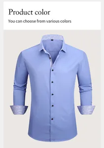 Vista frontal de camisa azul claro con cuello y puños de rayas en contraste para hombre.