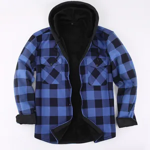 Chemise à capuche pour homme, à carreaux bleus, doublure en polaire noire épaisse.