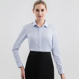 Professional women's light blue pinstripe non-iron long sleeve formal shirt for work