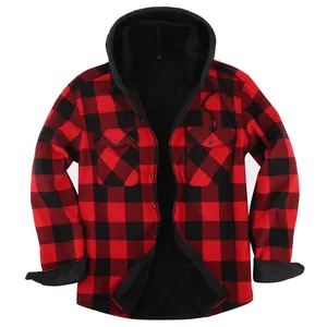 Chemise à capuche pour hommes, à carreaux rouge et noir, doublure polaire chaude, manches