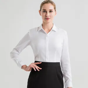 Elegant white non-iron long sleeve formal shirt for women with hidden button placket