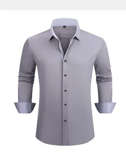 Camisa de negocios gris de manga larga para hombre con cuello y puños en contraste