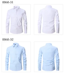 Front and back views of men's casual long sleeve shirts in white and light blue