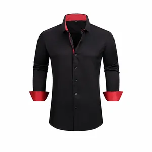 Camisa de Manga Larga Casual de Negocios para Hombre con Ribete de Color de Contraste Camisa Elástica Anti-arrugas