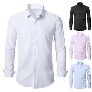 Men's Casual Long Sleeve Shirt European Size Four-Way Stretch Non-Iron Slim Fit Solid Color Business Casual Button Down Top