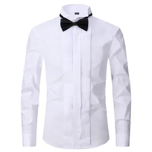 Classic white slim-fit tuxedo shirt for men with pleated front and black bowtie.