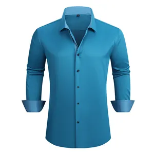 Camisa de hombre turquesa elástica, manga larga, business casual, puños en contraste