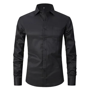 Men's solid black long-sleeve casual dress shirt with four-way stretch fabric