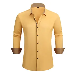 Camisa amarilla de manga larga para hombre con cuello y puños en contraste
