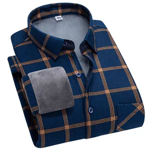 Camicia a quadri blu scuro da uomo con calda fodera in pile per autunno e inverno