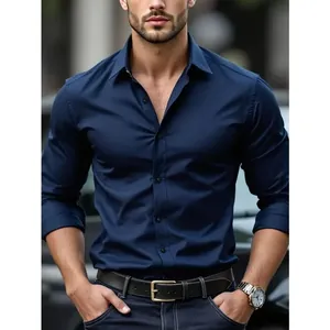 Chemise business élégante bleu marine à manches longues coupe ajustée pour homme moderne