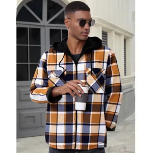 Chemise à carreaux en flanelle épaisse pour hommes avec capuche et poches de poitrine