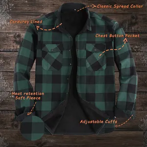 Camicia di flanella a quadri verdi e neri da uomo con fodera in pile calda e spessa